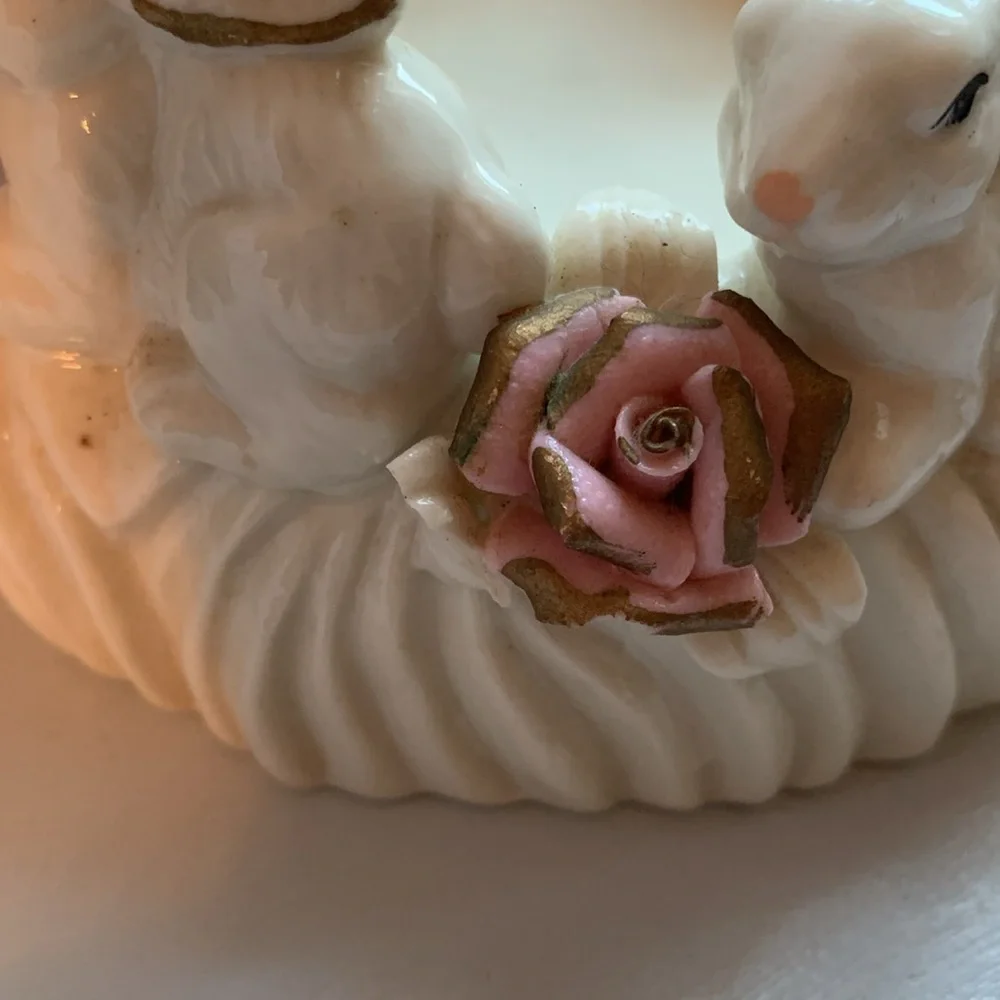 Vintage Porcelain Bunny Gold Ring Of Rabbits Rose Candle Holder